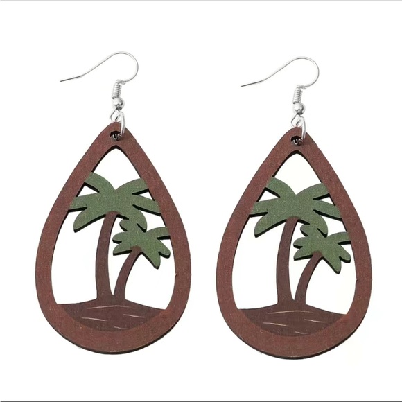 Wooden Painted Palm Tree Seaside Teardrop Earrings - Picture 1 of 6